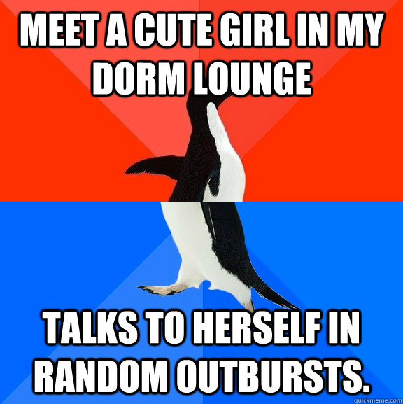 Meet a cute girl in my dorm lounge Talks to herself in random outbursts.  Socially Awesome Awkward Penguin