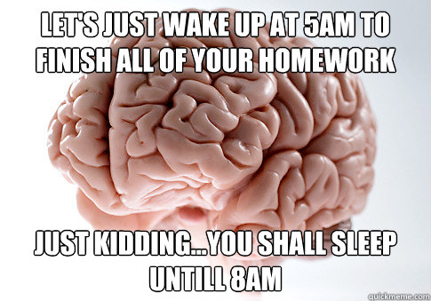 Let's just wake up at 5am to finish all of your homework just kidding...you shall sleep untill 8am  Scumbag Brain
