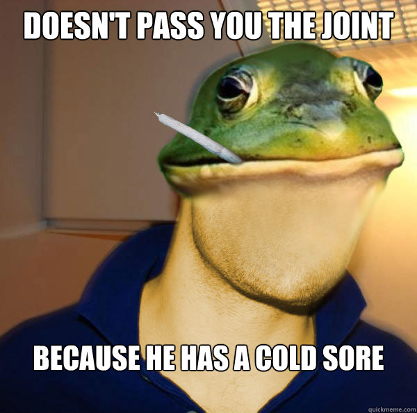 doesn't pass you the joint because he has a cold sore  Good Guy Foul Bachelor Frog