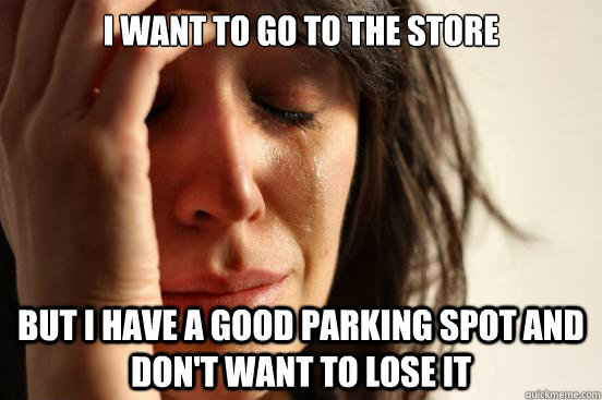 i want to go to the store but i have a good parking spot and don't want to lose it  First World Problems