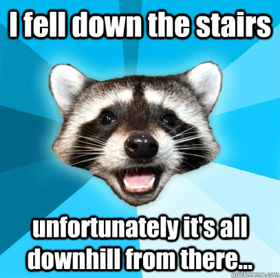 I fell down the stairs unfortunately it's all downhill from there...  Lame Pun Coon