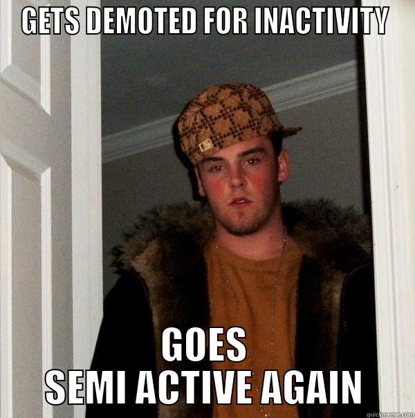 GETS DEMOTED FOR INACTIVITY GOES SEMI ACTIVE AGAIN Scumbag Steve
