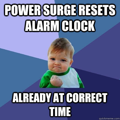 Power surge resets alarm clock Already at correct time  Success Kid