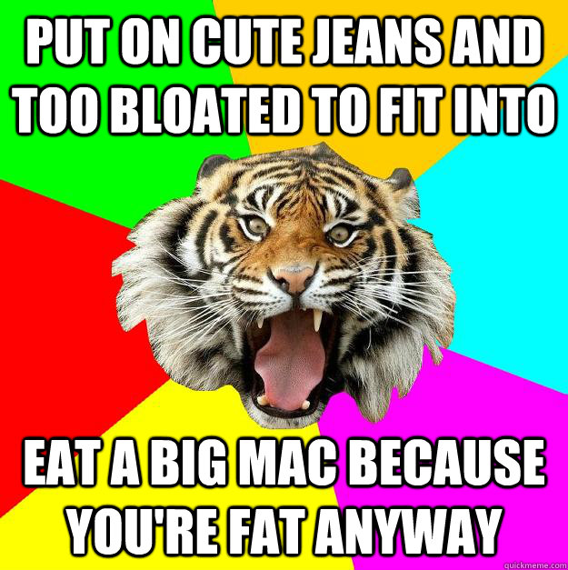 put on cute jeans and too bloated to fit into Eat a big mac because you're fat anyway  Time of the Month Tiger