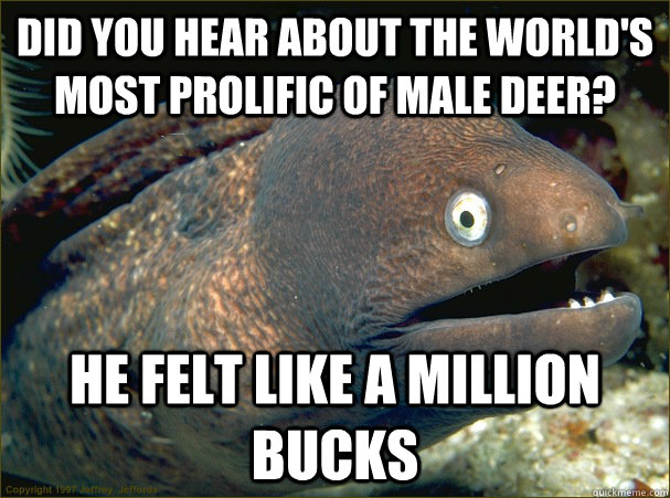 did you hear about the world's most prolific of male deer? he felt like a million bucks - did you hear about the world's most prolific of male deer? he felt like a million bucks  Bad Joke Eel