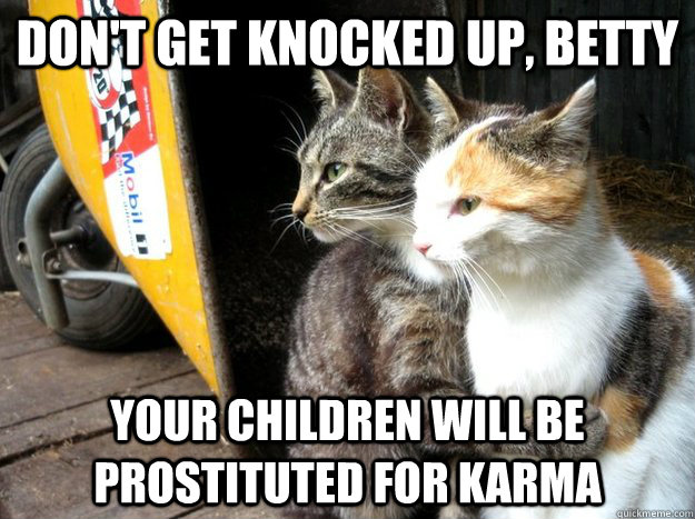Don't get knocked up, Betty your children will be prostituted for karma  Restraining Cat