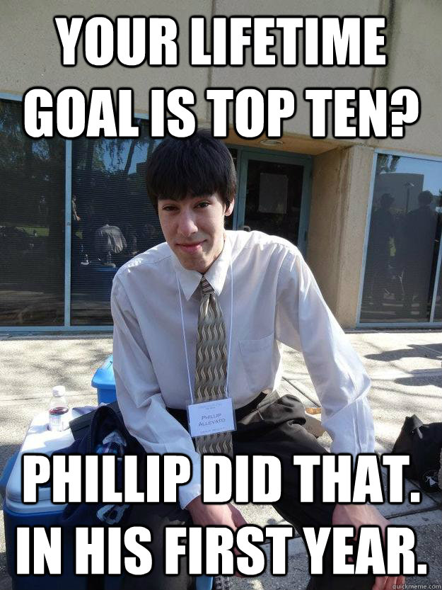 Your lifetime goal is top ten? Phillip did that. In his first year.   Achiever Phillip