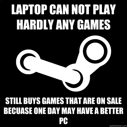 Laptop can not play Hardly Any Games Still buys games that are on sale becuase one day may have a better PC  Fottuto Steam