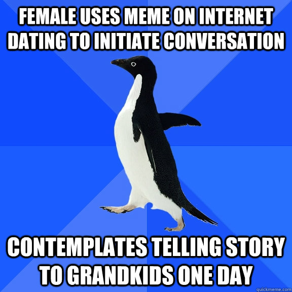 Female uses meme on internet dating to initiate conversation contemplates telling story to grandkids one day  Socially Awkward Penguin