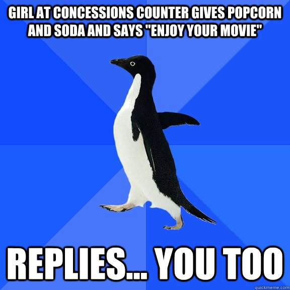 Girl at concessions counter gives popcorn and soda and says 