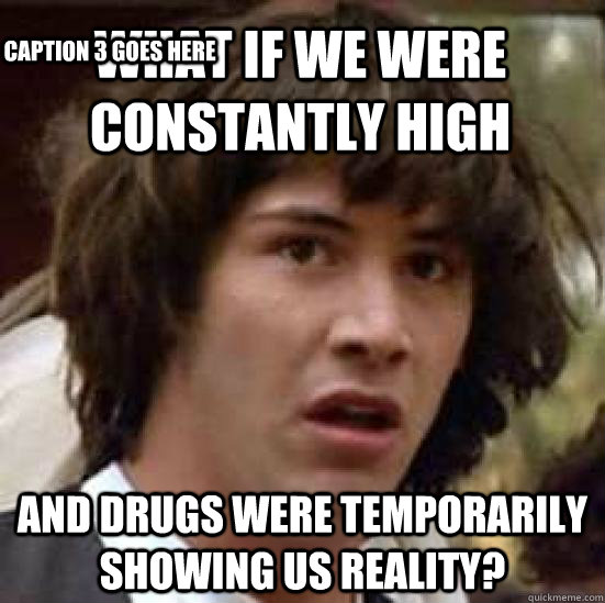 what if we were constantly high and drugs were temporarily showing us reality? Caption 3 goes here  conspiracy keanu