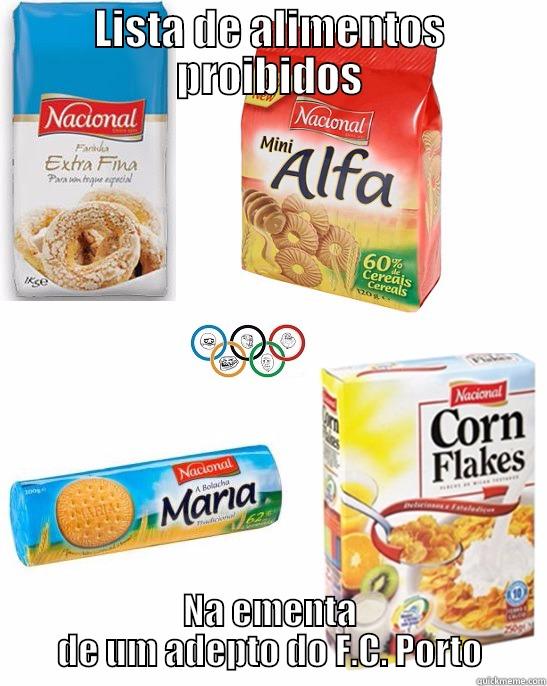 LISTA DE ALIMENTOS PROIBIDOS NA EMENTA DE UM ADEPTO DO F.C. PORTO Misc
