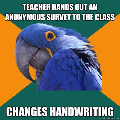 Teacher hands out an anonymous survey to the class Changes handwriting  