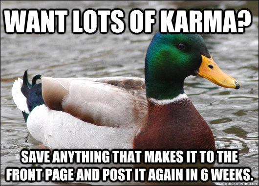 want lots of karma? save anything that makes it to the front page and post it again in 6 weeks.  Actual Advice Mallard