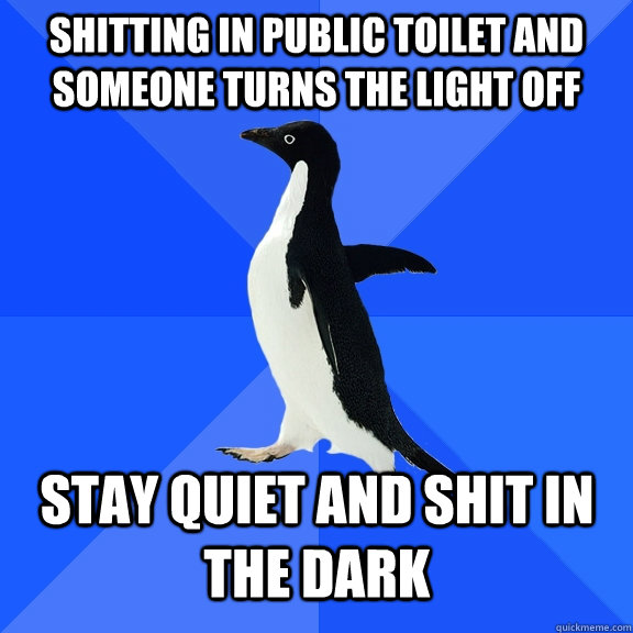 shitting in public toilet and someone turns the light off stay quiet and shit in the dark  Socially Awkward Penguin