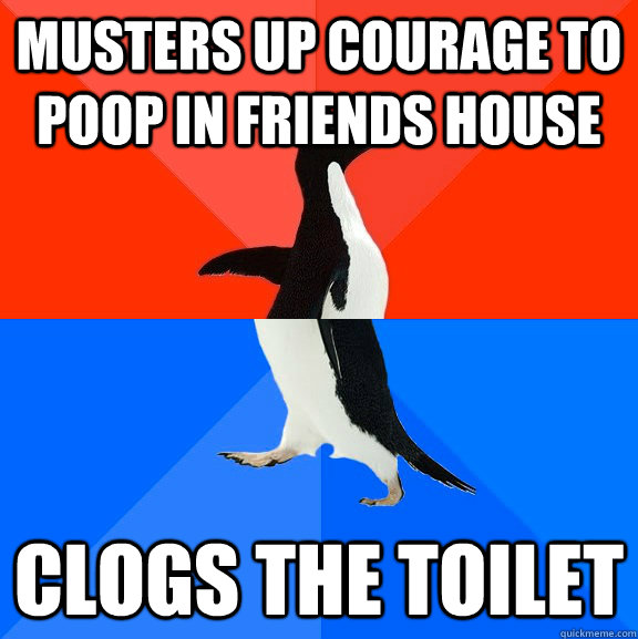 musters up courage to poop in friends house clogs the toilet   