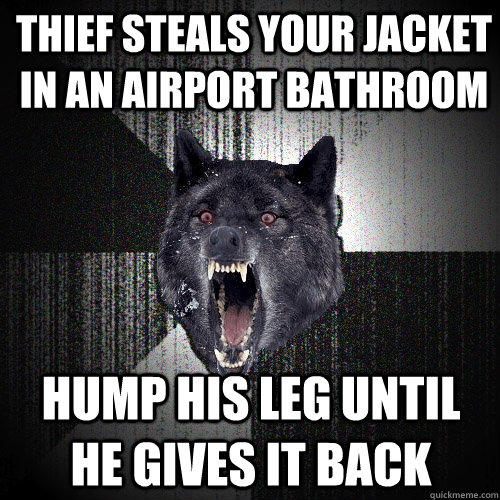 Thief steals your jacket in an airport bathroom hump his leg until he gives it back  Insanity Wolf
