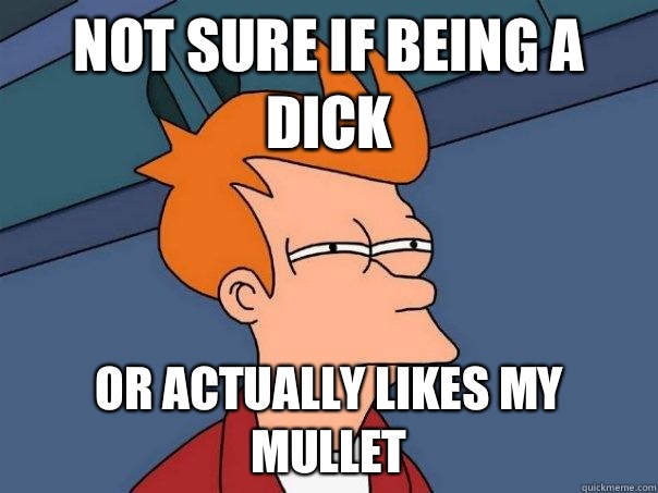 Not sure if being a dick Or actually likes my mullet  Futurama Fry