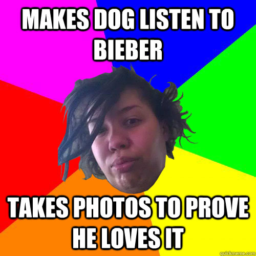makes dog listen to bieber takes photos to prove he loves it  