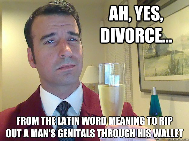 Ah, yes, divorce... from the Latin word meaning to rip 
out a man's genitals through his wallet  Fabulous Divorced Guy