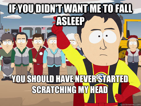 if you didn't want me to fall asleep you should have never started scratching my head - if you didn't want me to fall asleep you should have never started scratching my head  Captain Hindsight