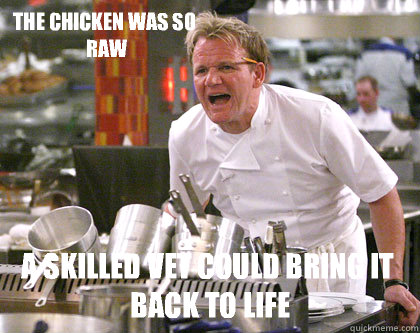 A SKILLED VET COULD BRING IT BACK TO LIFE THE CHICKEN WAS SO RAW
  Ramsay Gordon Yelling