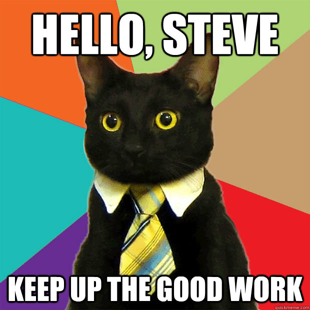 Hello, Steve Keep up the good work  Business Cat