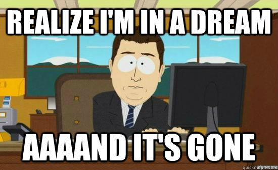 Realize I'm in a dream AAAAND it's gone  aaaand its gone