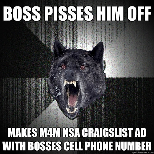 boss pisses him off makes m4m nsa craigslist ad with bosses cell phone number  Insanity Wolf