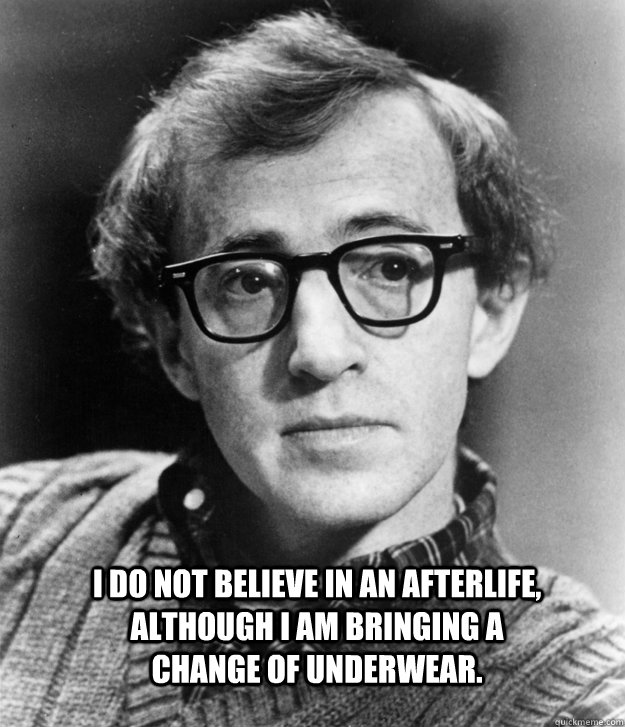 I do not believe in an afterlife, although I am bringing a change of underwear.  Woody Allen