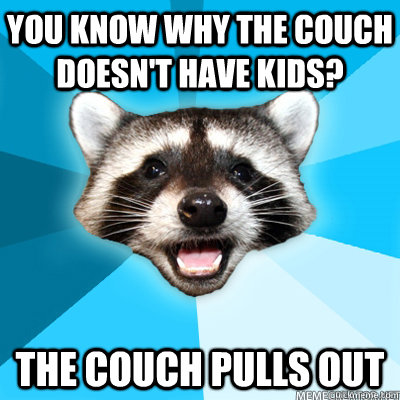 You know why the couch doesn't have kids? The couch pulls out  Lame Pun Coon