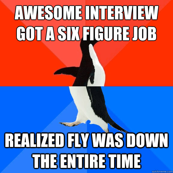 awesome interview
got a six figure job Realized fly was down the entire time  Awesome Awkward Penguin
