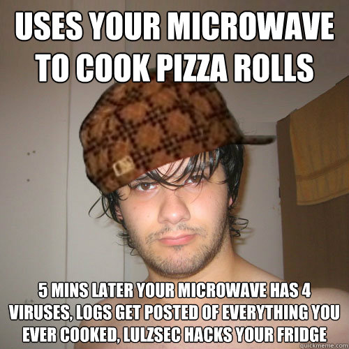 USES YOUR MICROWAVE TO COOK PIZZA ROLLS 5 MINS LATER YOUR MICROWAVE HAS 4 VIRUSES, LOGS GET POSTED OF EVERYTHING YOU EVER COOKED, LULZSEC HACKS YOUR FRIDGE  