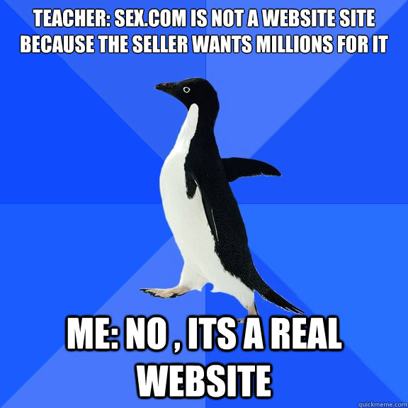 Teacher: Sex.com is not a website site because the seller wants millions for it Me: No , Its a real website  Socially Awkward Penguin
