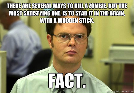 There are several ways to kill a zombie. But the most satisfying one, is to stab it in the brain, with a wooden stick. FACT. - There are several ways to kill a zombie. But the most satisfying one, is to stab it in the brain, with a wooden stick. FACT.  Dwight