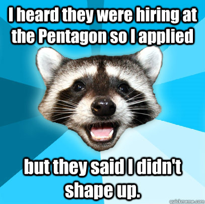 I heard they were hiring at the Pentagon so I applied but they said I didn't shape up.  Lame Pun Coon
