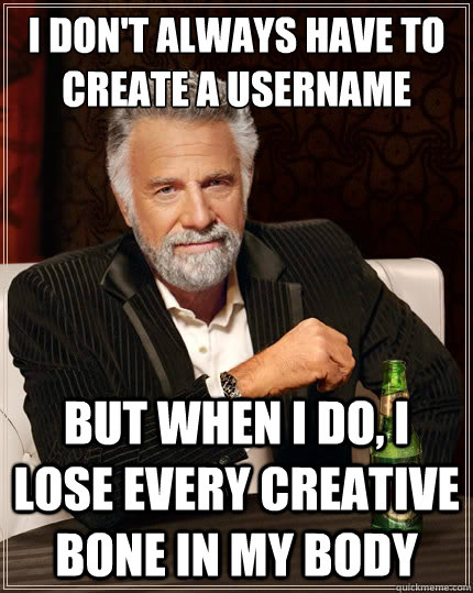 I don't always have to create a username But when i do, I lose every creative bone in my body  The Most Interesting Man In The World