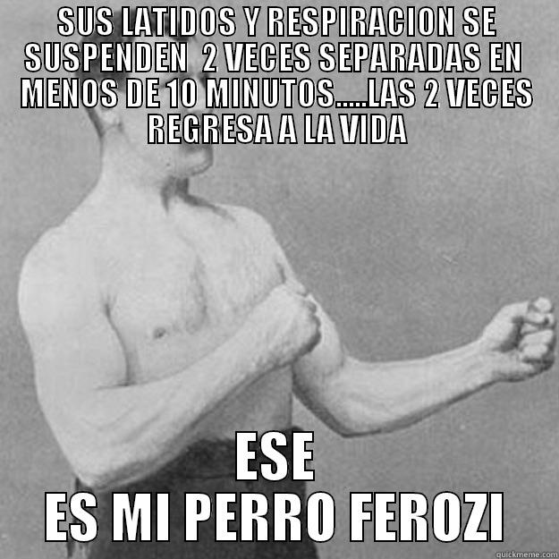 SUS LATIDOS Y RESPIRACION SE SUSPENDEN  2 VECES SEPARADAS EN  MENOS DE 10 MINUTOS.....LAS 2 VECES REGRESA A LA VIDA ESE ES MI PERRO FEROZI overly manly man