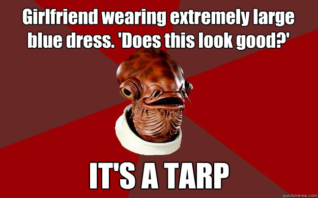 Girlfriend wearing extremely large blue dress. 'Does this look good?' IT'S A TARP  Admiral Ackbar Relationship Expert