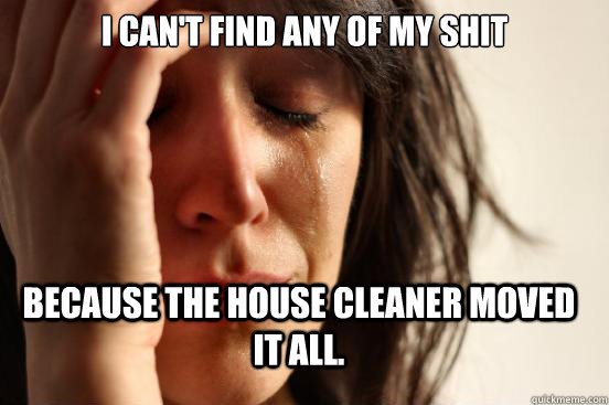 I can't find any of my shit because the house cleaner moved it all.  FirstWorldProblems