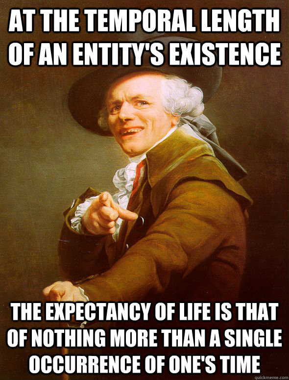 At the temporal length of an entity's existence the expectancy of life is that of nothing more than a single occurrence of one's time - At the temporal length of an entity's existence the expectancy of life is that of nothing more than a single occurrence of one's time  Joseph Ducreux