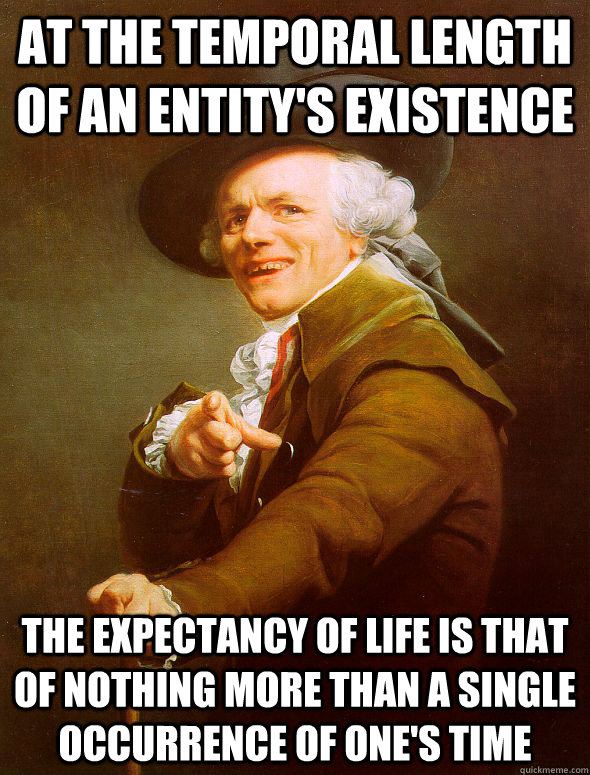 At the temporal length of an entity's existence the expectancy of life is that of nothing more than a single occurrence of one's time  Joseph Ducreux