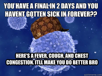You have a final in 2 days and you havent gotten sick in forever?? Here's a fever, cough, and chest congestion. Itll make you do better bro   Scumbag immune system