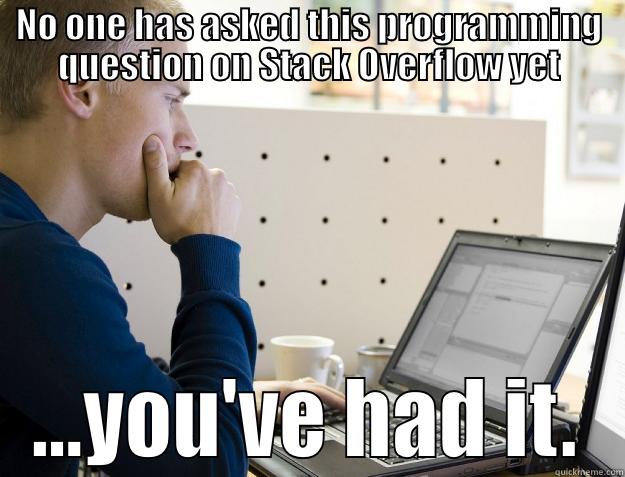 NO ONE HAS ASKED THIS PROGRAMMING QUESTION ON STACK OVERFLOW YET ...YOU'VE HAD IT. Programmer