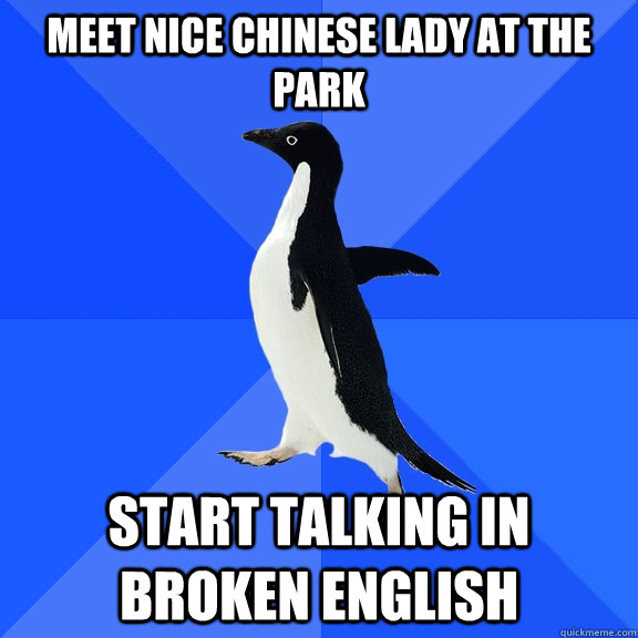 Meet nice Chinese lady at the park Start talking in broken english  Socially Awkward Penguin