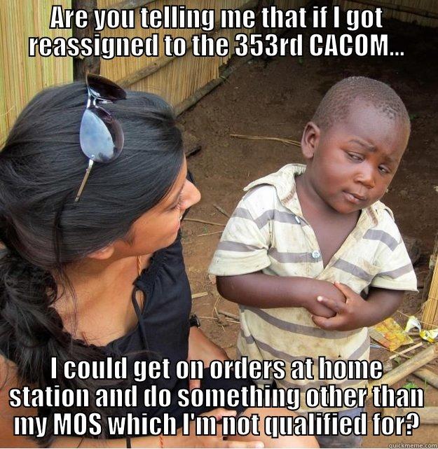 ARE YOU TELLING ME THAT IF I GOT REASSIGNED TO THE 353RD CACOM... I COULD GET ON ORDERS AT HOME STATION AND DO SOMETHING OTHER THAN MY MOS WHICH I'M NOT QUALIFIED FOR? Skeptical Third World Kid