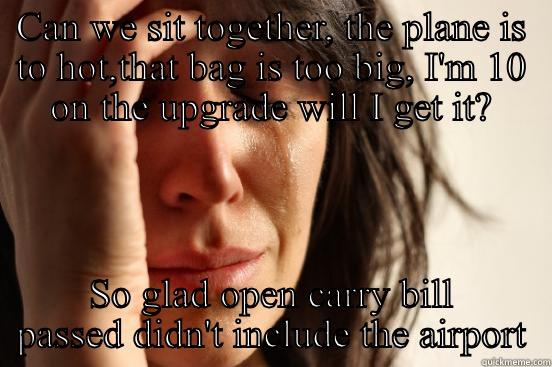 CAN WE SIT TOGETHER, THE PLANE IS TO HOT,THAT BAG IS TOO BIG, I'M 10 ON THE UPGRADE WILL I GET IT? SO GLAD OPEN CARRY BILL PASSED DIDN'T INCLUDE THE AIRPORT First World Problems