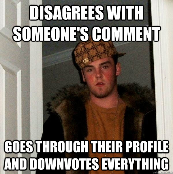 disagrees with someone's comment goes through their profile and downvotes everything  Scumbag Steve