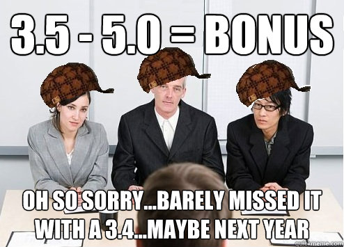 3.5 - 5.0 = bonus oh so sorry...barely missed it with a 3.4...maybe next year  Scumbag Employer