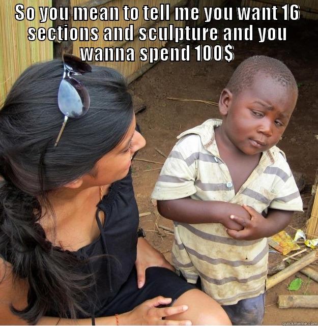 SO YOU MEAN TO TELL ME YOU WANT 16 SECTIONS AND SCULPTURE AND YOU WANNA SPEND 100$  Skeptical Third World Kid